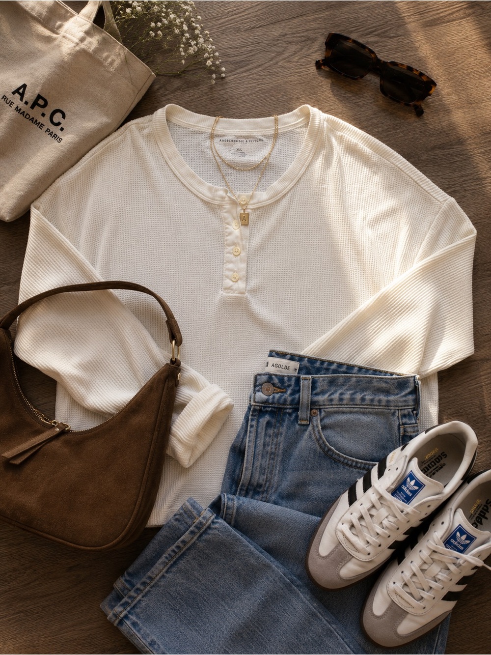 American Eagle Outfitters Cream Waffle Henley